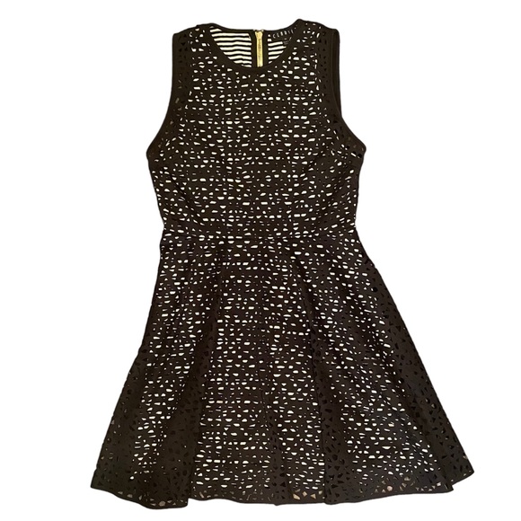 Clarte Cocktail Dress Black Laser Cut Mesh Striped Neiman Marcus Size M - Picture 1 of 12